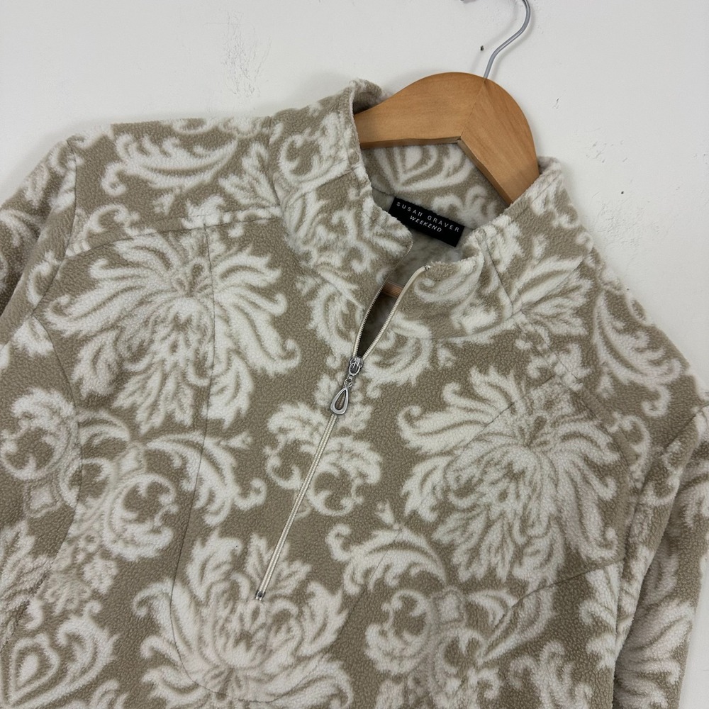 Susan Graver Weekend Fleece Paisley Beige Tan Damask Baroque 1/4 Zip Womens L